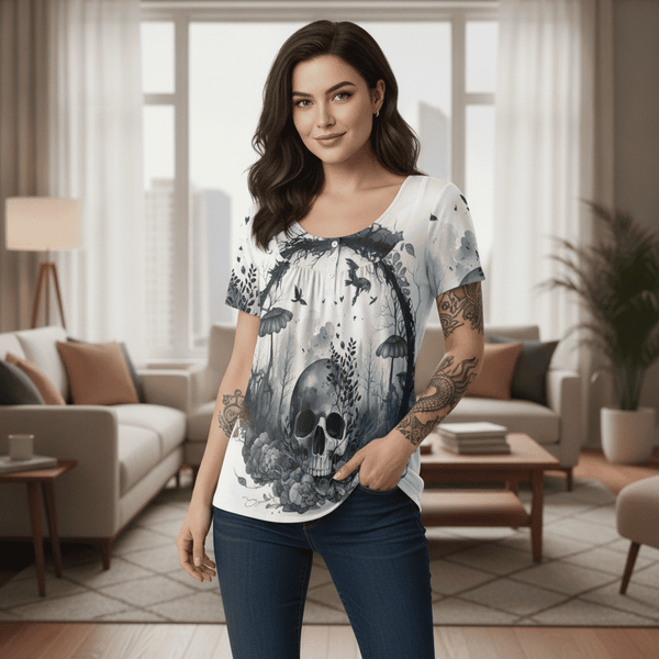 Womens Mystery Skull Floral Scoop Neck Short Sleeve Loose Blouse