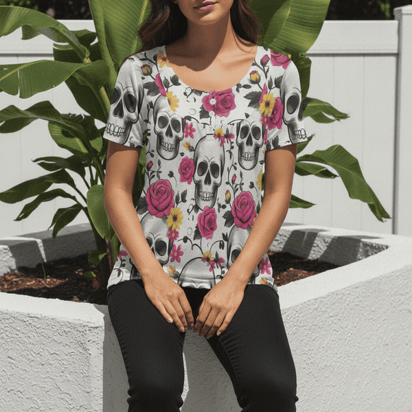 Womens Skulls Pink Roses & Yellow Daisies Short Sleeve Loose Blouse