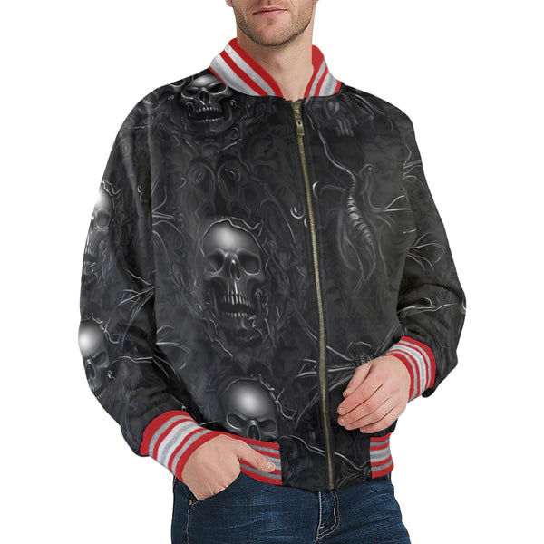 Upgrade Your Style With This Men's Skull Striped Bomber Jacket In White or Red!