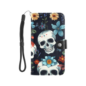 Skulls With Blue Flowers Flip Leather Wallet for Mobile Phone