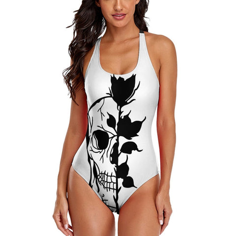 This Exquisite Skull Rose Floral Pattern Ladies One Piece Swimsuit 