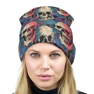 Indulge in the vibrant colors and bold design of our Blue Pink White Skulls Knitted Beanie