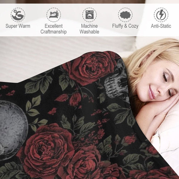 Red Roses And Skulls Ultra-Soft Flannel Blanket Multiple Sizes