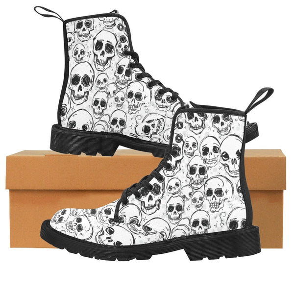 Men's Lots of Doodle Skulls Pattern Lace Up Canvas Boots