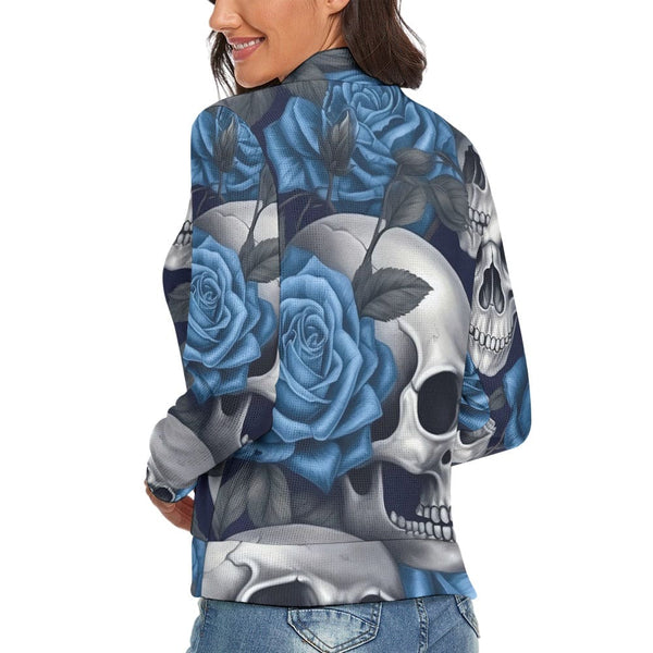 Women's Skull Blue Floral Autumn Long Sleeve Turtleneck Sweater