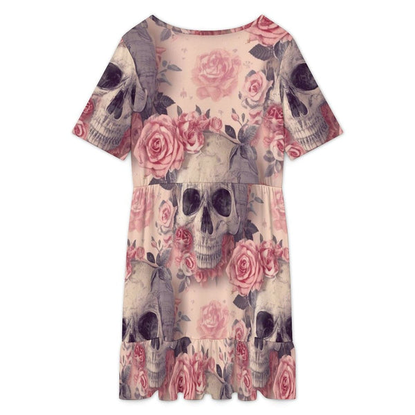 Women's Skulls With Pink Flowers Short Sleeve Ruffle Hem Dress