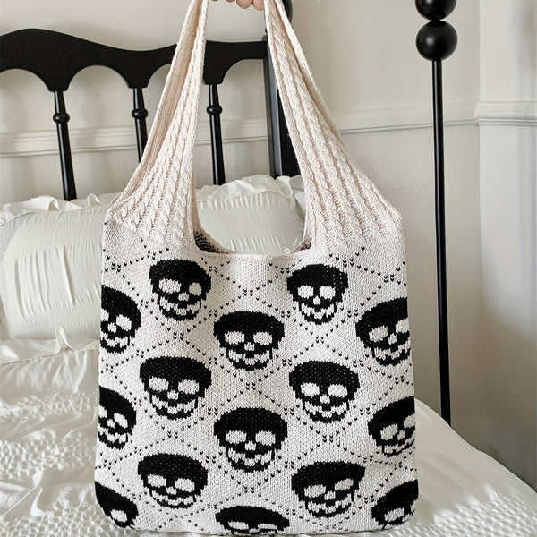 Retro Skull Crochet Tote Bag Large Capacity Casual Bag