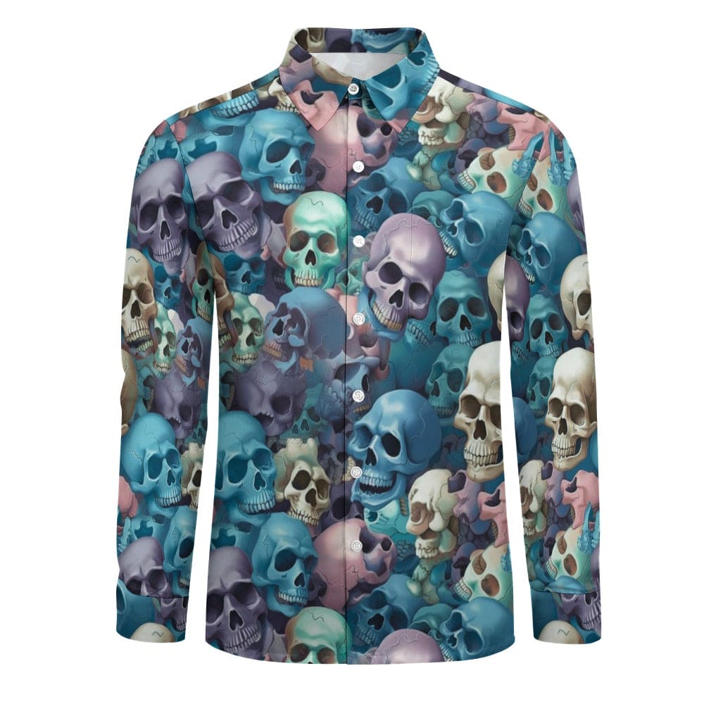 Blue Skulls Casual One Pocket Long Sleeve Dress Shirt