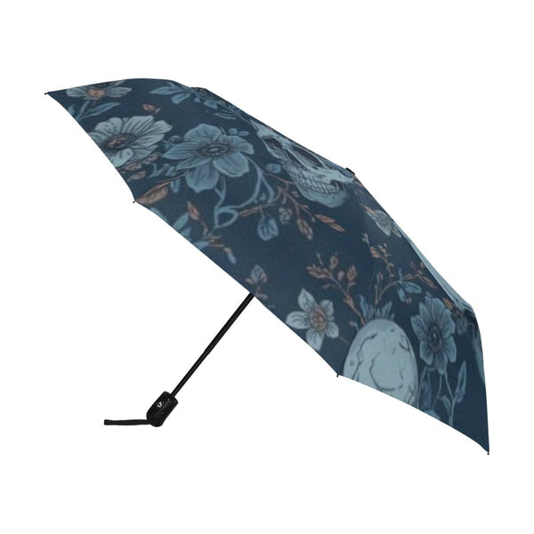 Skull and Blue Flower Pattern Anti-UV Auto Fold Umbrella