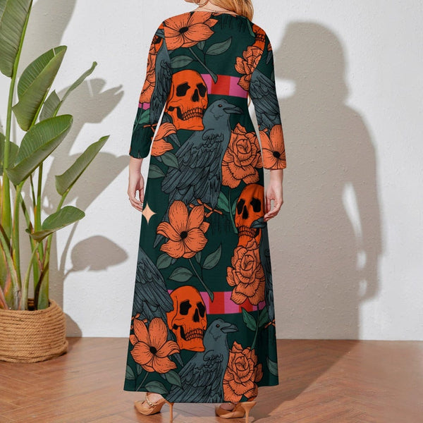 Women's Ornage Skull & Flowers Plus Size Loose Crew Neck Long Sleeve Dress