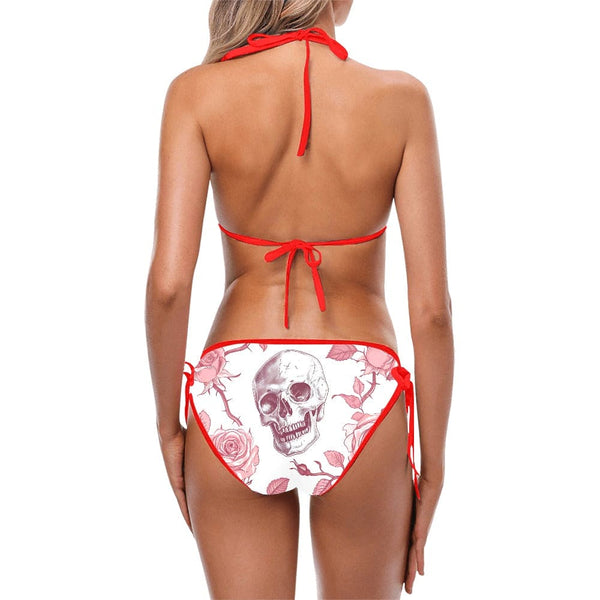 Pink Floral Skull Two Piece Tie Bikini Swimsuit 10 Colors