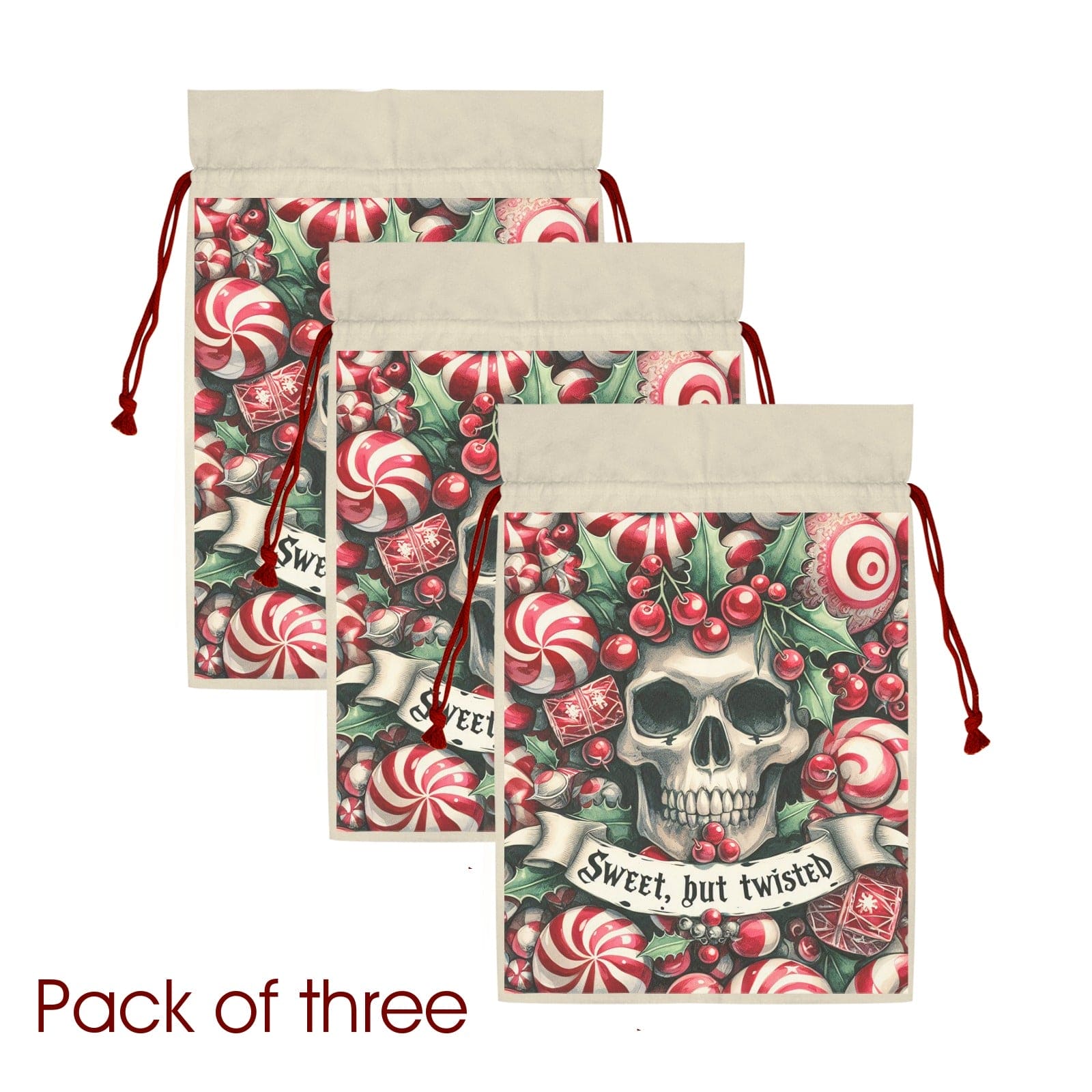 Skull Sweet-But-Twisted 20oz Christmas Gift Bag Pack of 3 Drawstring Bags