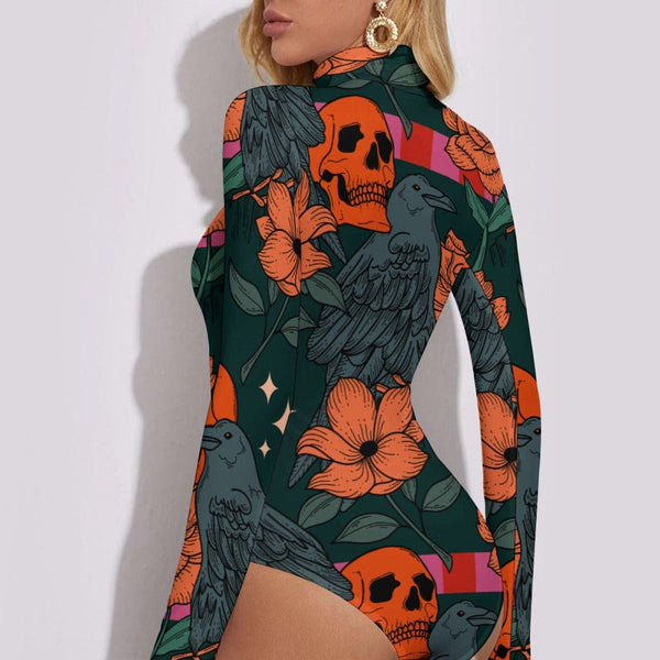 Women's Orange Skull Floral Turtleneck Long Sleeve Bodysuit