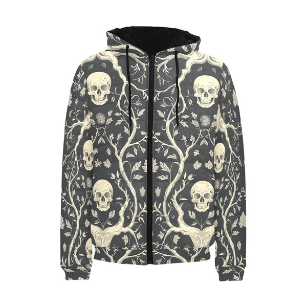 Skull With Leaves And Branches Men's Padded Hooded Jacket