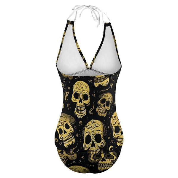 Women's Gold Skulls On Black Halter Two Piece Swimsuit