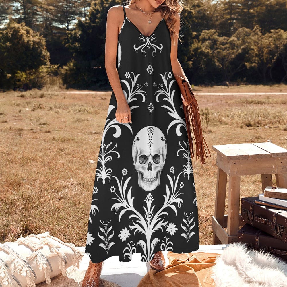 Women's Skull Black And White Ankle Long Dress L / White Women's Skull Black And White Ankle Long Dress L / White