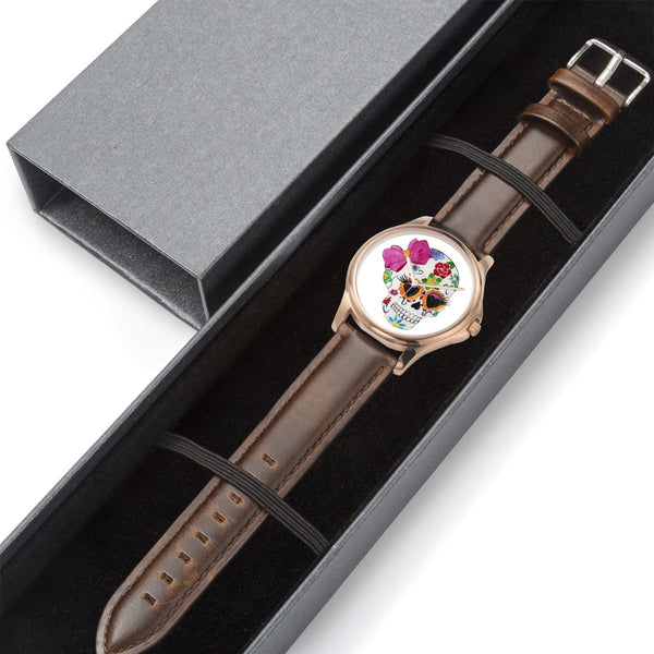 Sugar Skull With Bow Stylish Classic Leather Strap Quartz Watch Rose Gold