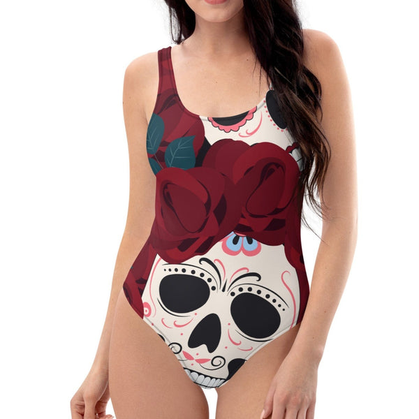 Sugar Skull Red Roses One-Piece Swimsuit