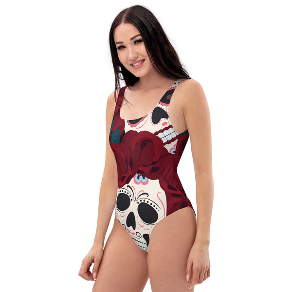 Sugar Skull Red Roses One-Piece Swimsuit