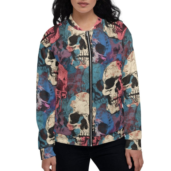 Stylish Pink and Blue Skulls Bomber Jacket for Women!