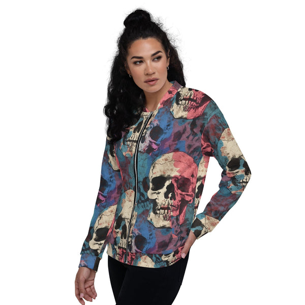 Stylish Pink and Blue Skulls Bomber Jacket for Women!