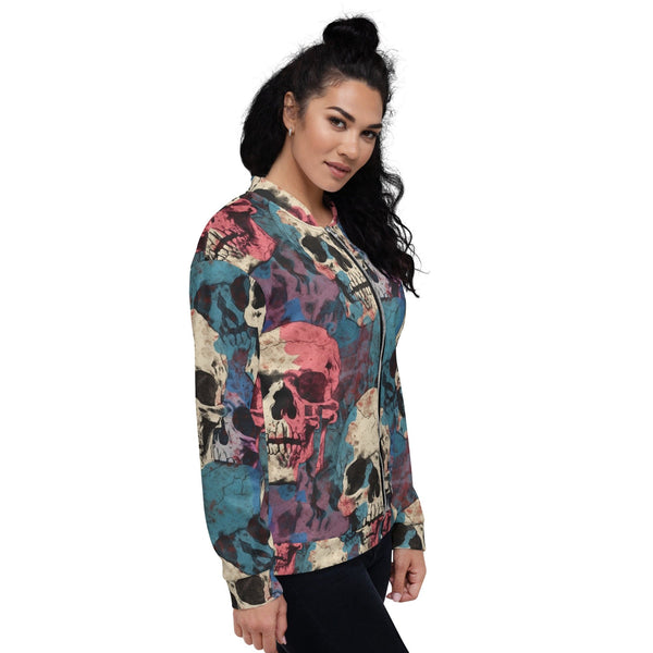 Stylish Pink and Blue Skulls Bomber Jacket for Women!