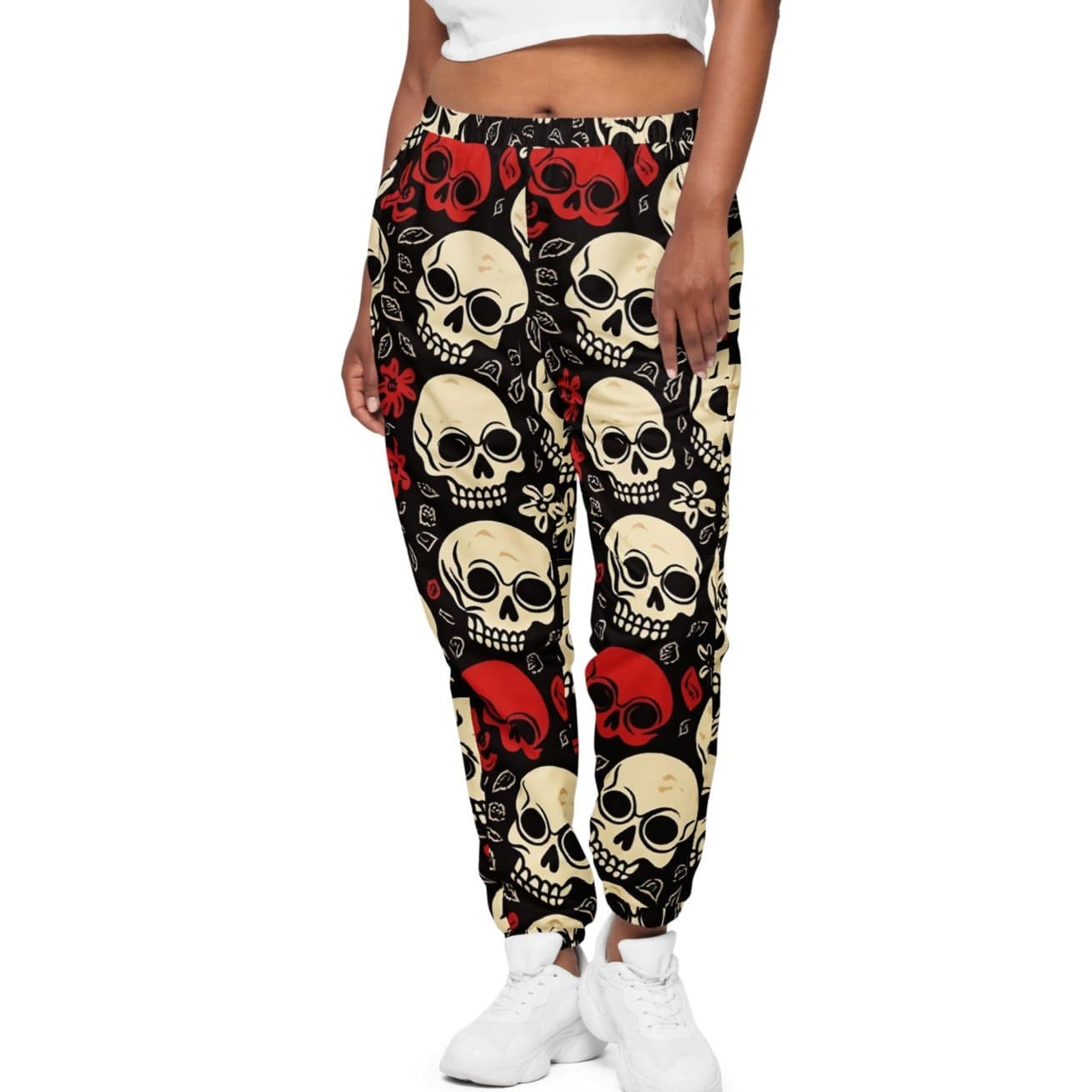 Stylish And Edgy Track Pants For Women Featuring Red And White Skulls Design