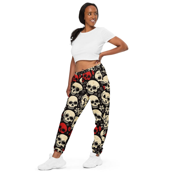 Stylish And Edgy Track Pants For Women Featuring Red And White Skulls Design