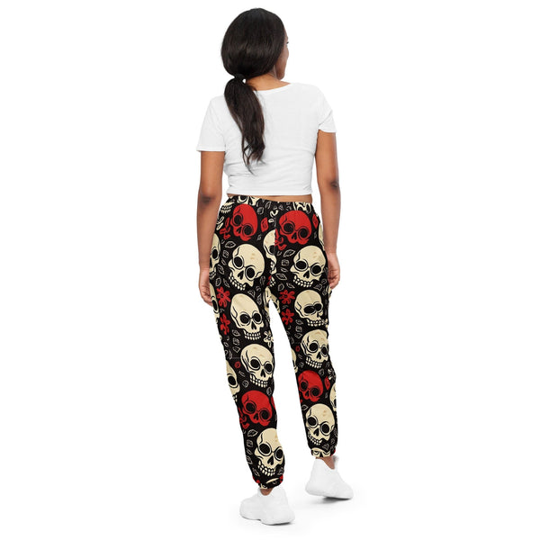 Stylish And Edgy Track Pants For Women Featuring Red And White Skulls Design