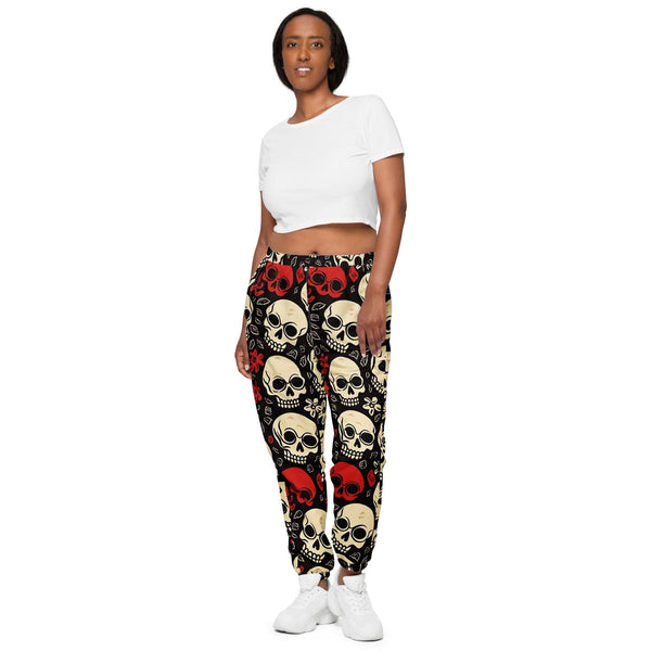 Stylish And Edgy Track Pants For Women Featuring Red And White Skulls Design