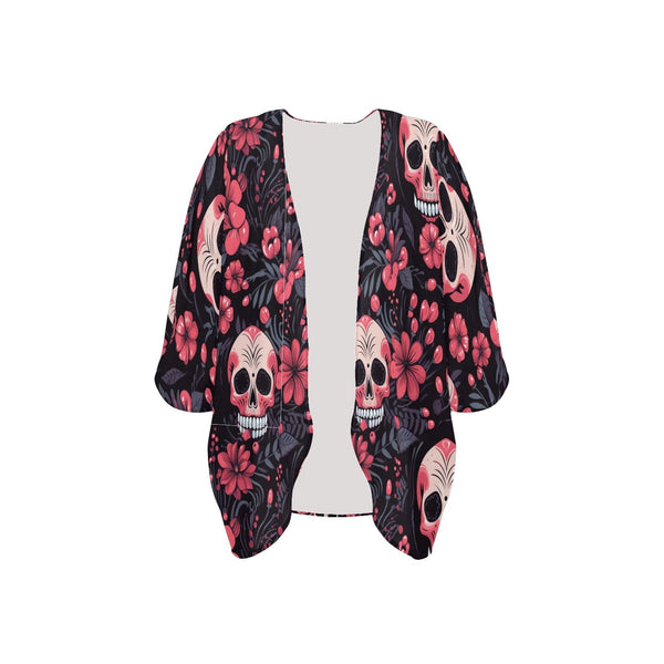 Women's Pink Floral Skulls Kimono Chiffon Light Jacket