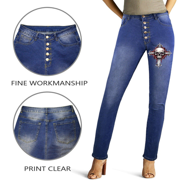 Women's Skull Cross Button Fly Jeans