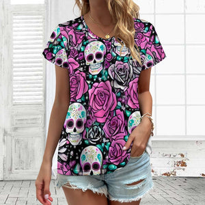 Womens Skull Pink Fkowers V-neck Short Sleeve T-shirt