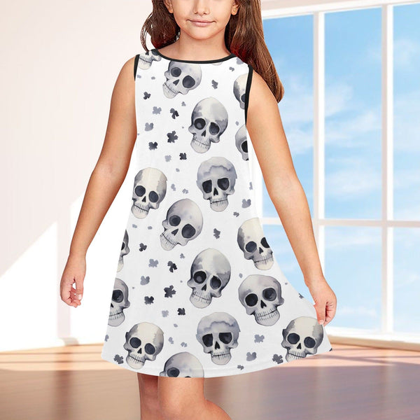 Girls' White Skulls Pattern Sleeveless Dress