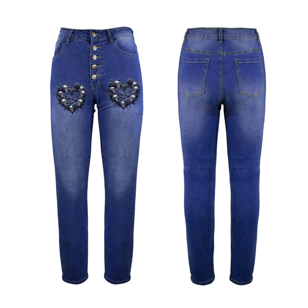 Gothic Skull Barbed Wire Heart Women's Jeans