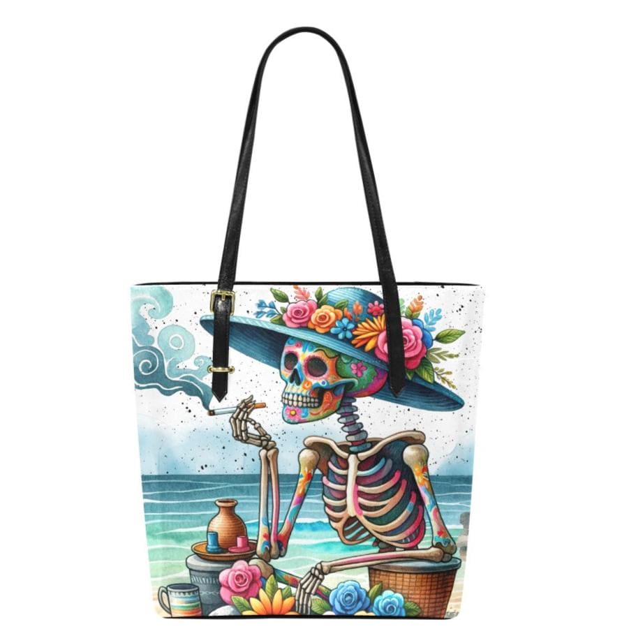 Tote Bag Features A Striking Skull Design Against A Stunning Beach Backdrop