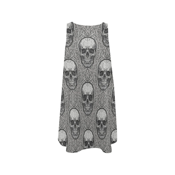 Women's Gray Skulls Design Sleeveless A-Line Pocket Dress