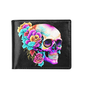 Skull Colorful Flowers Bifold Wallet With Coin Pocket