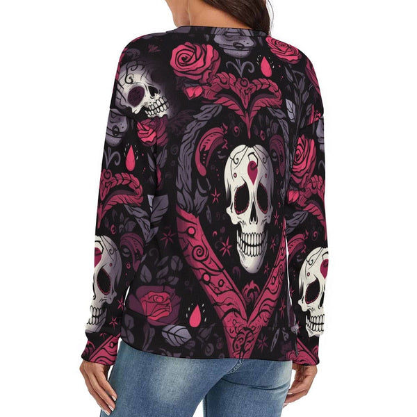 Women's Skulls In Heart V-Neck Long Sleeve Sweater