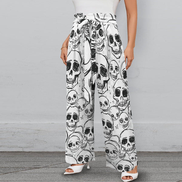 Doodle Style Seamless Skull Pattern Elastic Waist Wide Leg Pants with Pockets