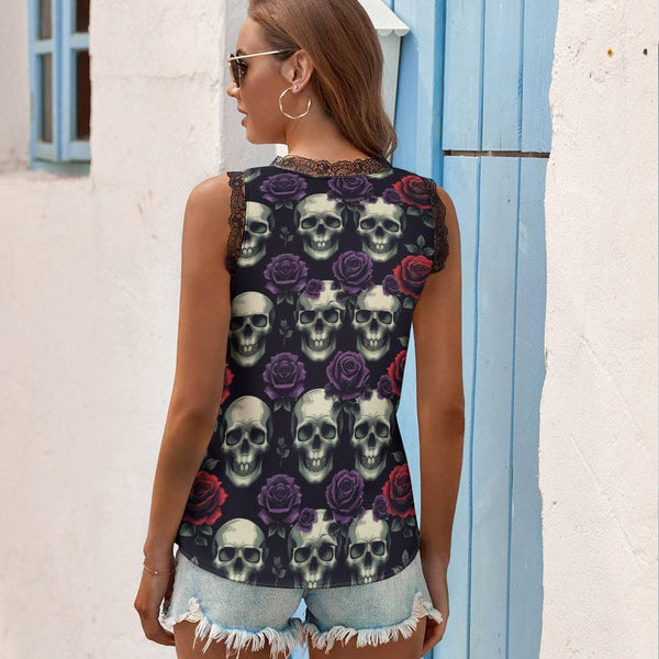 Skulls Red & Purple Floral Women's V-Neck Sleeveless Top
