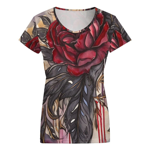 Women's Gothic Red Rose V-Neck Short Sleeve T-Shirt