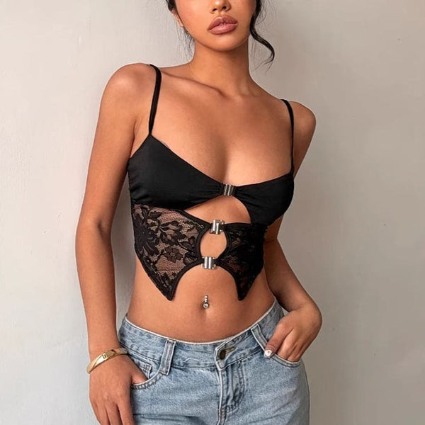 Women's Black Lace Patchwork Strappy Black Top