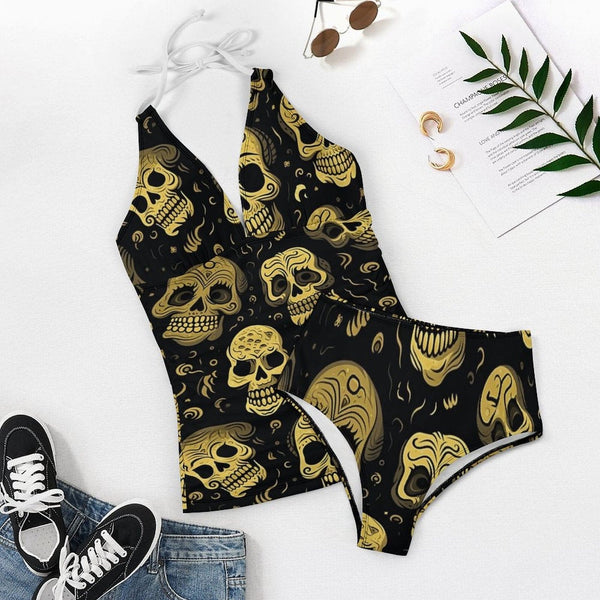 Women's Gold Skulls On Black Halter Two Piece Swimsuit