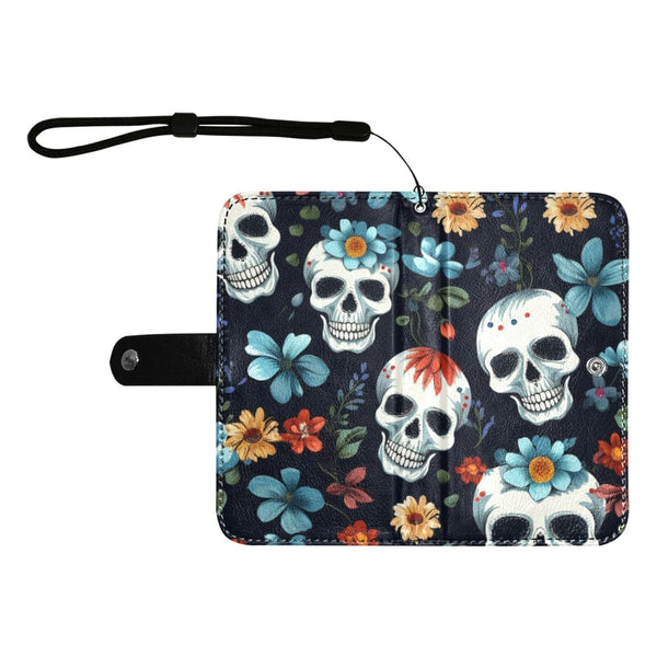 Skulls With Blue Flowers Flip Leather Wallet for Mobile Phone