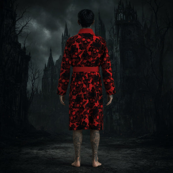 Men's Red Rose Skull Pattern Quick-Drying Bathrobe - Skin-Friendly Lounge Robe