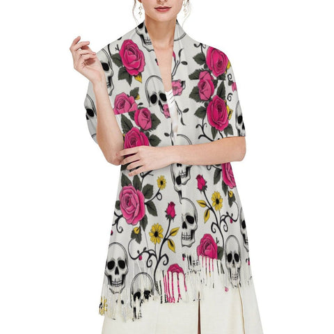 Skull Floral Vines Tassel Scarf