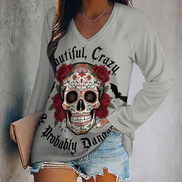 Women's Skull Red Flowers Beautiful Crazy... Long Sleeve Loose T-Shirt