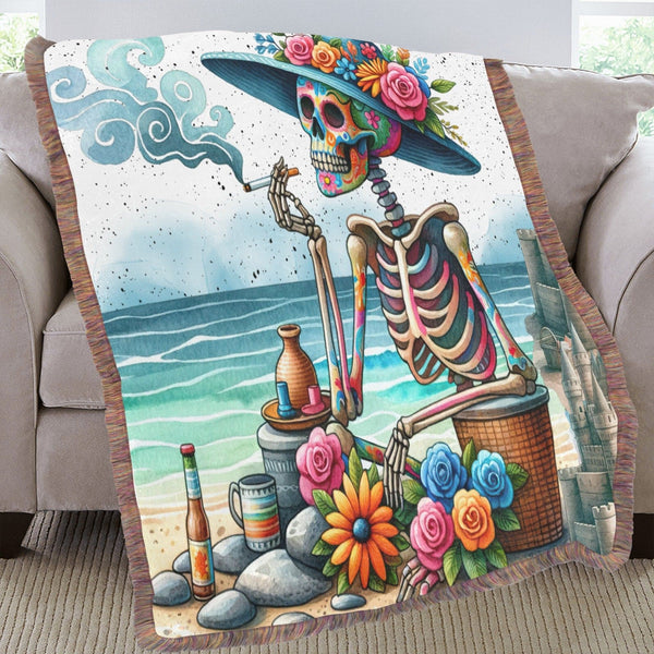 Women Skeleton On The Beach Ultra-Soft Mixed Green Fringe Blanket 60"x80"