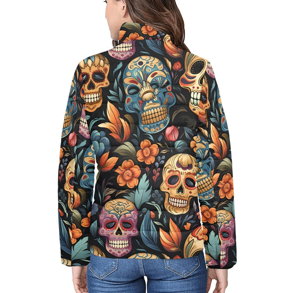 Women's Laughing Skulls Floral Stand Collar Padded Jacket